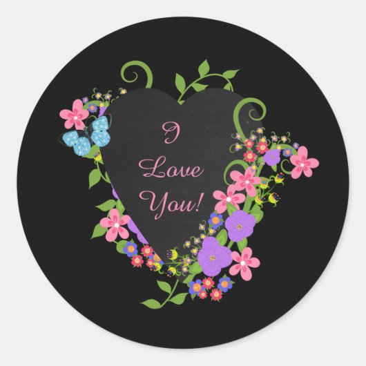 Ik hou van je! Black Heart en Flowers Sticker (Voorkant)