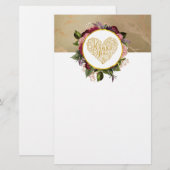 Ik hou van je Fancy Golden Heart met Floral Lijst Briefpapier (Voorkant / Achterkant)