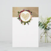 Ik hou van je Fancy Golden Heart met Floral Lijst Briefpapier (Staand voorkant)