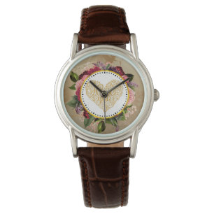 Ik hou van je Fancy Golden Heart met Floral Lijst Horloge