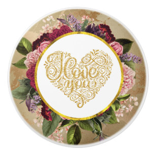 Ik hou van je Fancy Golden Heart met Floral Lijst Keramische Knop