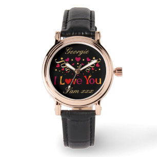 Ik hou van je Rode Heart Gold Ribbon Black Valenti Horloge