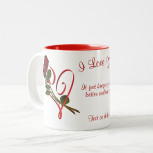 Ik hou van je rode rozen hart gepersonaliseerd tweekleurige koffiemok