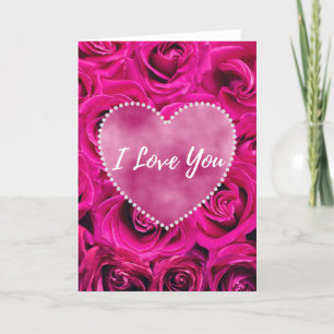 Ik hou van jou met rozen en roze hartgroet kaart