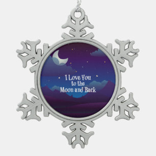 Ik hou van jou tot de maan en terug, blauw indigo tin sneeuwvlok ornament