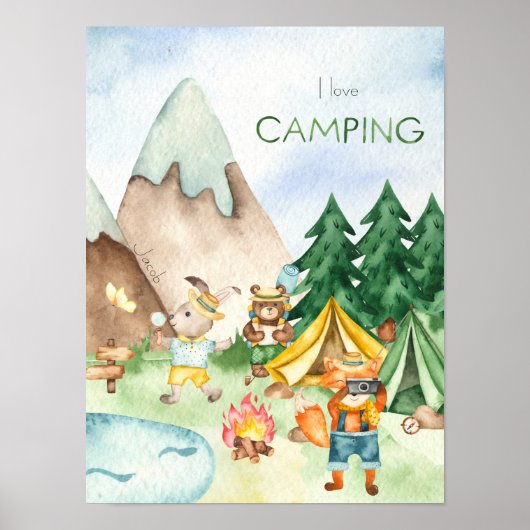 Ik hou van kamperen bosdier kinderen waterverf poster (Voorkant)