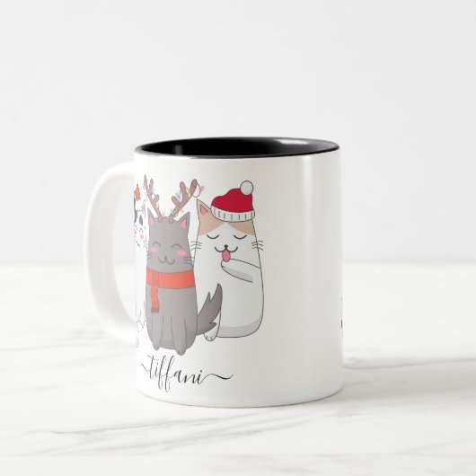 Ik hou van kerstkatten Personeel met naam Tweekleurige Koffiemok (Voorkant links)