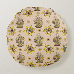 Ik hou van koffie en gele bloemen rond kussen