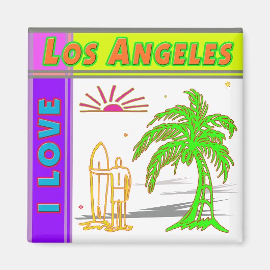 "Ik hou van Los Angeles"Sun Palm Tree&Surfer#2 Mag Magneet (Voorkant)