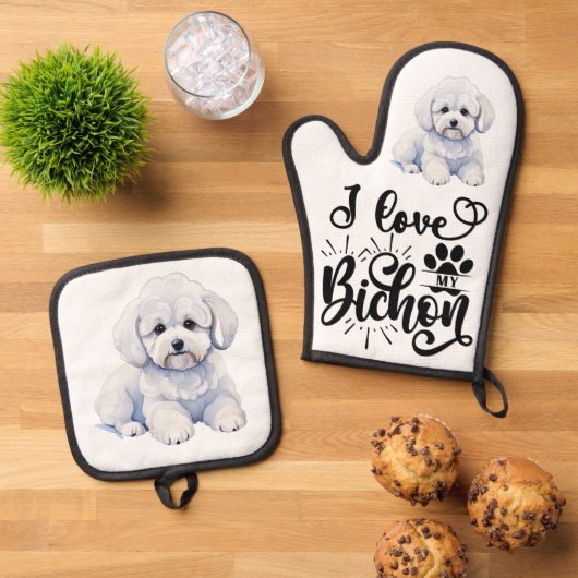 Ik hou van mijn bichon ovenwant & pannenlap set (Top down)