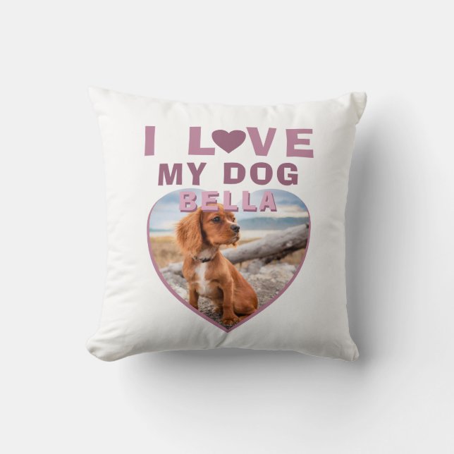 Ik hou van mijn Dog Pink Heart Foto Pet Naam Kussen (Voorkant)