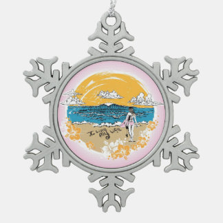 "Ik hou van mijn leven" surf meisje versiering Tin Sneeuwvlok Ornament