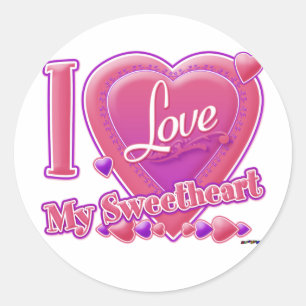 Ik hou van mijn liefje, roze/paars, hart ronde sticker