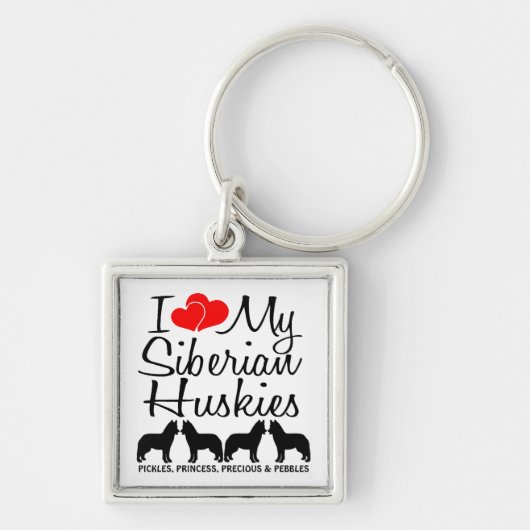 Ik hou van mijn vier Siberische Huskies Custom Sle Sleutelhanger (Voorkant)
