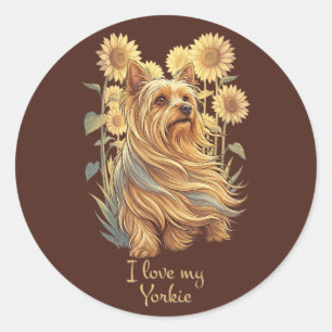 Ik hou van mijn Yorkie – Vintage zonnebloem honden Ronde Sticker