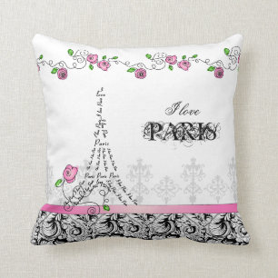 Ik hou van Paris Pillow White Roze Black Rozen Kussen