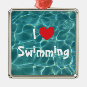 Ik hou van zwemmen Rode Hart met Aqua zwembadwater Metalen Ornament