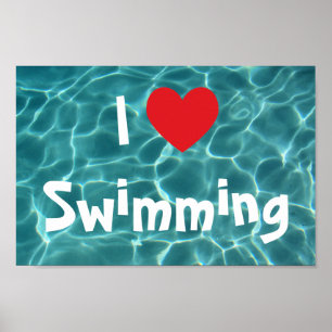 Ik hou van zwemmen Rode Hart met Aqua zwembadwater Poster