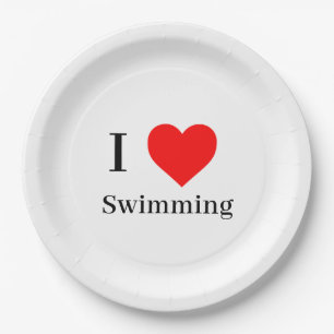 Ik hou van zwemmen typografie & rood hart wit papieren bordje