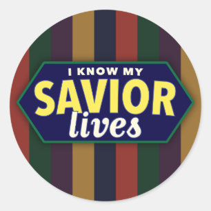 Ik ken mijn Savior-leven. Gestreepte LDS-stickers. Ronde Sticker