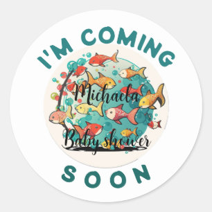 Ik kom binnenkort Fun Cherry Fish Baby shower Ronde Sticker