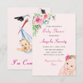 Ik kom met Funny Stork Baby shower Invitation (Voorkant / Achterkant)