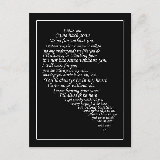 Ik mis je tekst in half hart briefkaart (Voorkant)