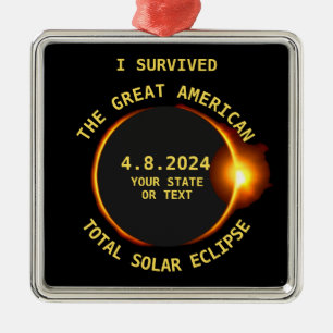 Ik overleefde totale zonsverduistering 4.8.2024 US Metalen Ornament