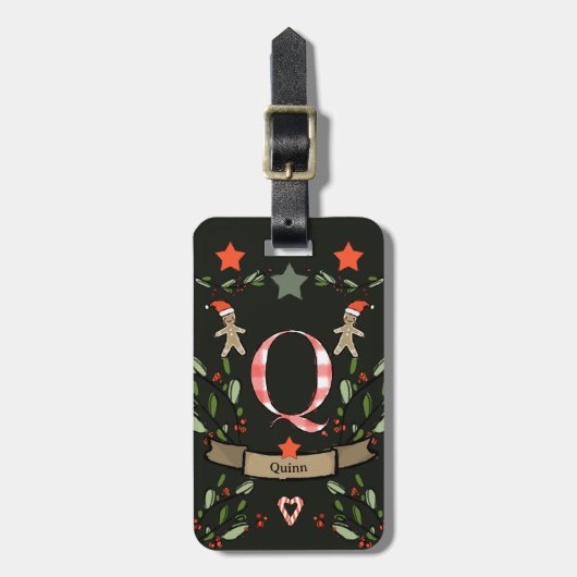 Ik reis voor kerstmonogram "Q" met naam Bagagelabel (Voorkant verticaal)