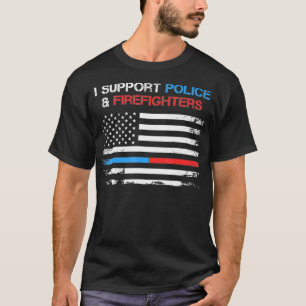 IK STEUN POLITIE EN FIREFIGHTERS BLUE EN RED USA T-SHIRT