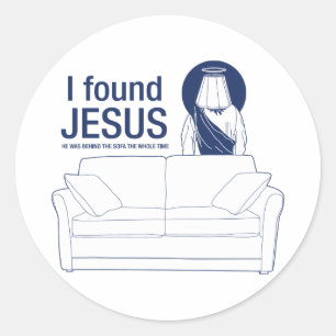 Ik vond jesus dat hij achter de bank zat. ronde sticker