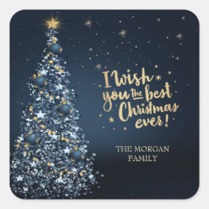 Ik wens u de beste kerstdag, blauwe pine boom vierkante sticker