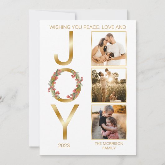 Ik wens u vredesliefde en vreugde met drie foto's feestdagenkaart (Voorkant)