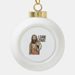 Ik zag die religieuze aanwijzende vintage gravure keramische bal ornament