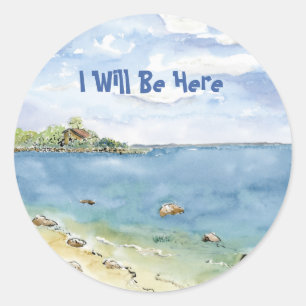 Ik zal hier zijn Mattapoisett Ma Aquarelstrand Ronde Sticker