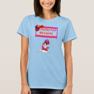 Ik zal paars met een rood pet t-shirt draag