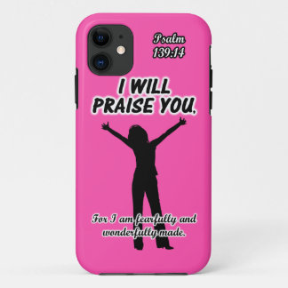 Ik zal u even opvrolijken - Psalm 139:14 roze Silh iPhone 11 Hoesje