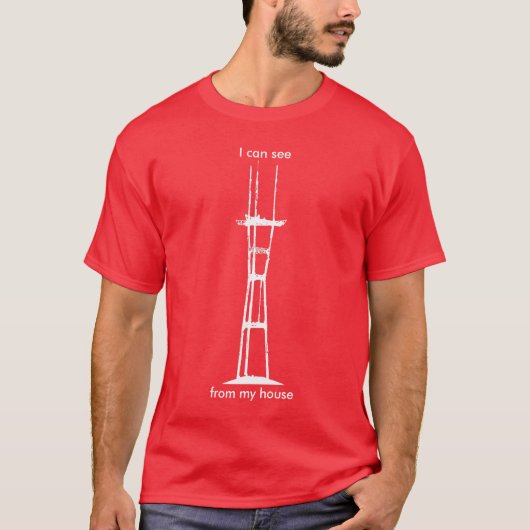 Ik zie Sutro van mijn huis, helemaal wit op rood T-shirt (Voorkant)