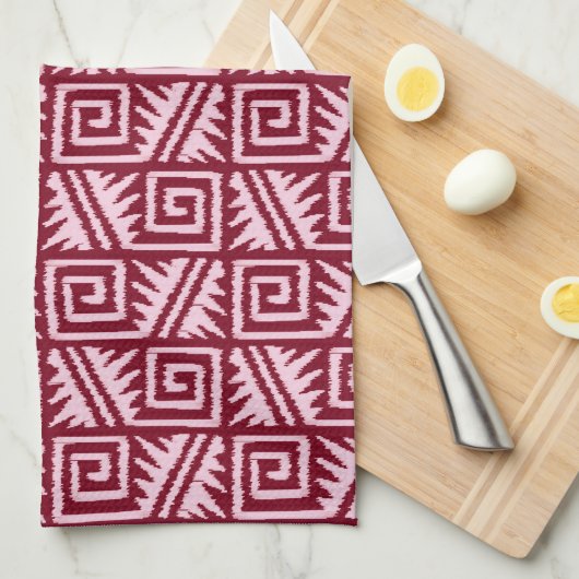 Ikat Aztec Pattern - Burgundy and Pink Theedoek (Quarter Fold)