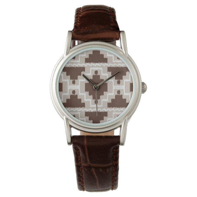 Ikat Aztec Pattern - Chocolate Brown and Taupe Horloge (Voorkant)