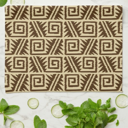 Ikat Aztec Pattern - Dark Brown and Tan Theedoek (Gevouwen)