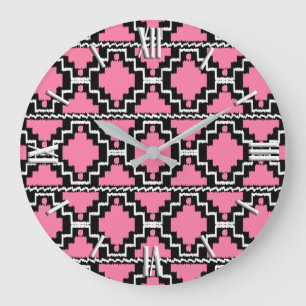 Ikat Aztec Pattern - Fuchsia Pink, Black en White Grote Klok