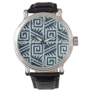 Ikat Aztec Pattern - Indigo and Light Blue Horloge