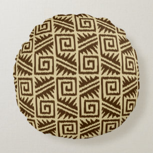 Ikat Aztec Tribal - Donkerbruin en Taupe Rond Kussen
