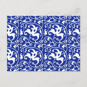 Ikat Bloemendamask - Kobaltblauw en Wit Briefkaart