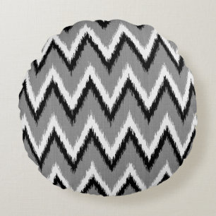 Ikat Chevron Stripes - grijs / grijs, zwart & wit Rond Kussen
