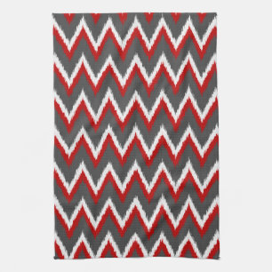 Ikat Chevron Stripes - Rood, wit en grijs / Grijs Theedoek
