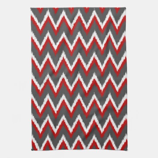 Ikat Chevron Stripes - Rood, wit en grijs / Grijs Theedoek (Verticaal)