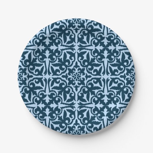 Ikat damask patroon - Dark Indigo en Light Blue Papieren Bordje (Voorkant)