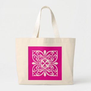 Ikat damask patroon - deep-roze en white grote tote bag